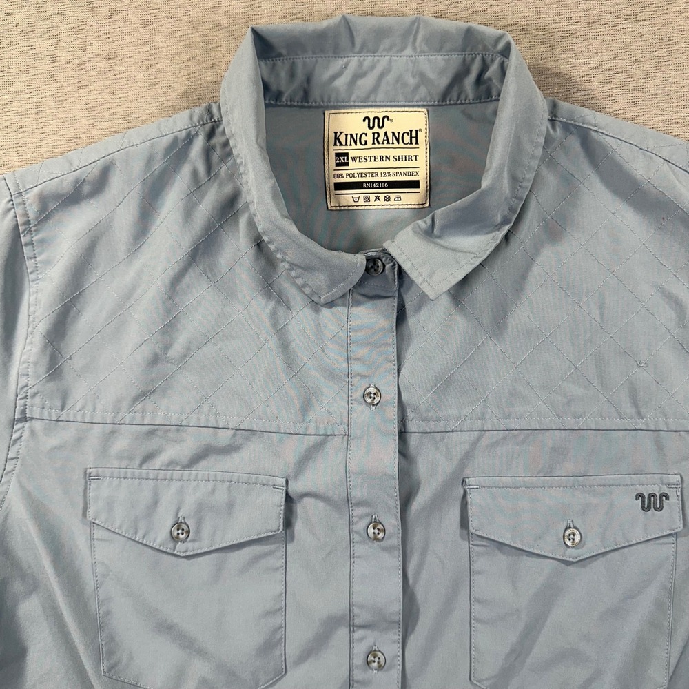 King‎ Ranch Western Shirt Womans 2XL Short Sleeve Blue Stretch Fishing Outdoors